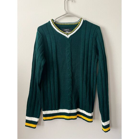 Rue 21 Green White and Yellow Crochet 90s Crew Neck Sweater Y2k Small Cheer - Picture 1 of 4